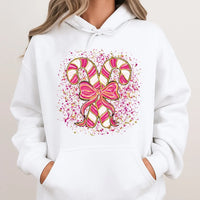 Coquette Bow Christmas Hoodie, Pink Candy Cane Hoodie, Aesthetic Candy Cane Hooded Sweatshirt, Adorable Xmas Candy Cane Pullover, Holiday Present
