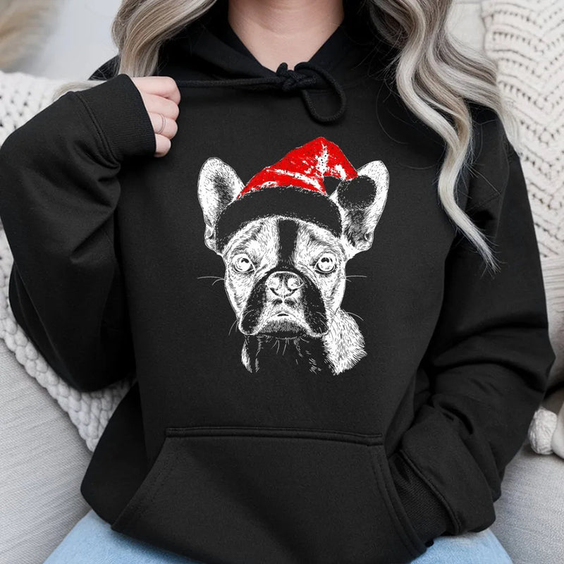 Adorable Dog Christmas Sweatshirt, Boston Terrier Santa Hoodie, Xmas Pet Lover Graphic Hoodie, Winter Holiday Pullover Hoodie, Dog Mom Present
