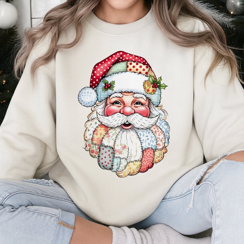 Vintage Quilt Style Santa Sweatshirt, Patchwork Santa Sweatshirt, Retro Holiday Crewneck Sweatshirt, Comfy Christmas Pullover, Xmas Present