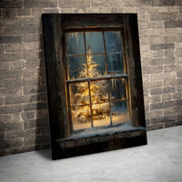 Snowy Window Winter Landscape Canvas Wall Art, Christmas Tree Canvas Print, Comfy Holiday Canvas Decor, Rustic Winter Season Canvas Art