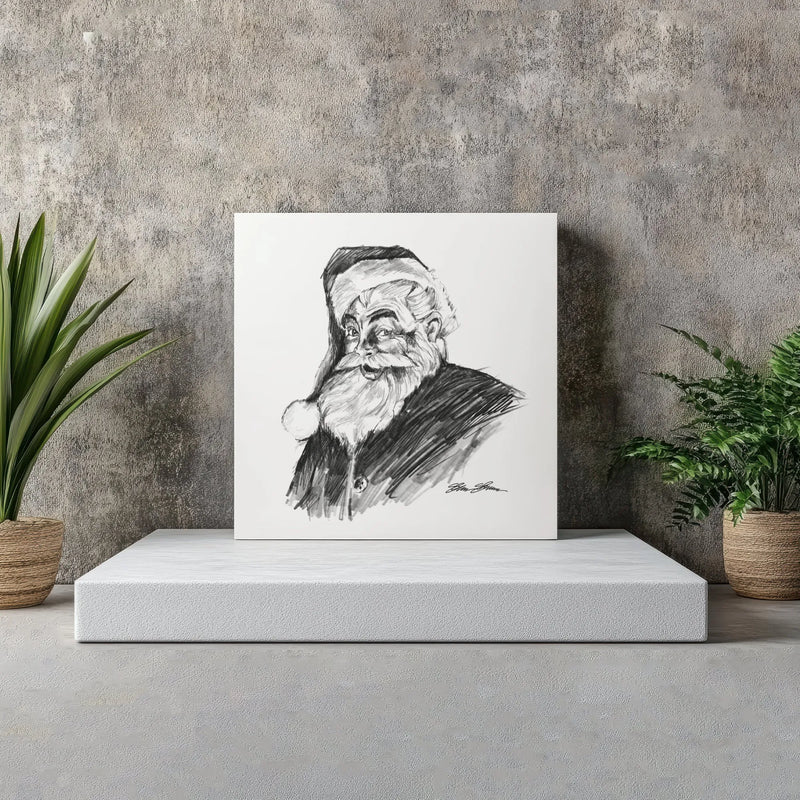 Classic Christmas Pencil Sketch Canvas Art, Vintage Santa Claus Square Canvas, Retro Santa Canvas Print, Holiday Wall Decor, Family Present