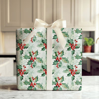 Botanical Christmas Gift Wrap, Watercolor Holly Berries Wrapping Paper, Vintage Holiday Leaves Wrapping Paper, Elegant Winter Present Wrap