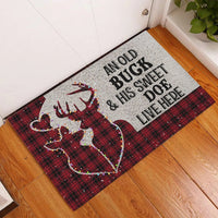 Buffalo Plaid Deer Welcome Mat, Old Buck and Sweet Doe Christmas Doormat, Rustic Winter Cabin Door Rug, Non-Slip Holiday Couple Present