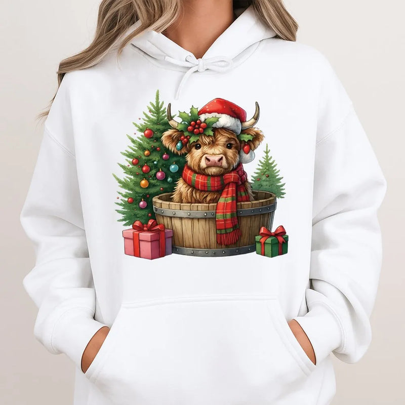 Baby Cow in Barrel Sweatshirt, Christmas Highland Cow Hoodie, Festive Farm Animal Pullover, Holiday Cow Hooded Sweatshirt, Xmas Present
