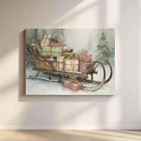 Snowy Forest Holiday Wall Art, Vintage Christmas Sleigh Canvas Print, Festive Winter Sleigh Canvas, Christmas Presents Wall Decor