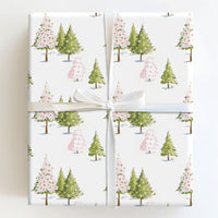Pink Green Trees Holiday Wrapping Paper, Watercolor Christmas Tree Wrapping Paper, Festive Xmas Wrapping Paper Roll, Modern Winter Gift Wrap