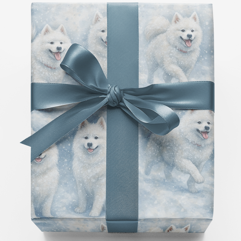 Winter Holly Christmas Gift Wrap Roll, American Eskimo Dog Wrapping Paper, Snowy Pet Breed Holiday Wrapping Paper, Dog Lover Present Wrap