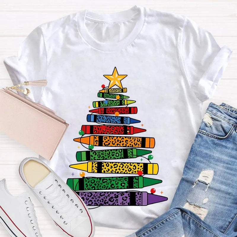 Art Teacher T-Shirt, Colored Pencils Leopard Christmas Tree Shirt, Holiday Graphic Tee, Festive Art Teacher Shirt, Christmas Present for Her