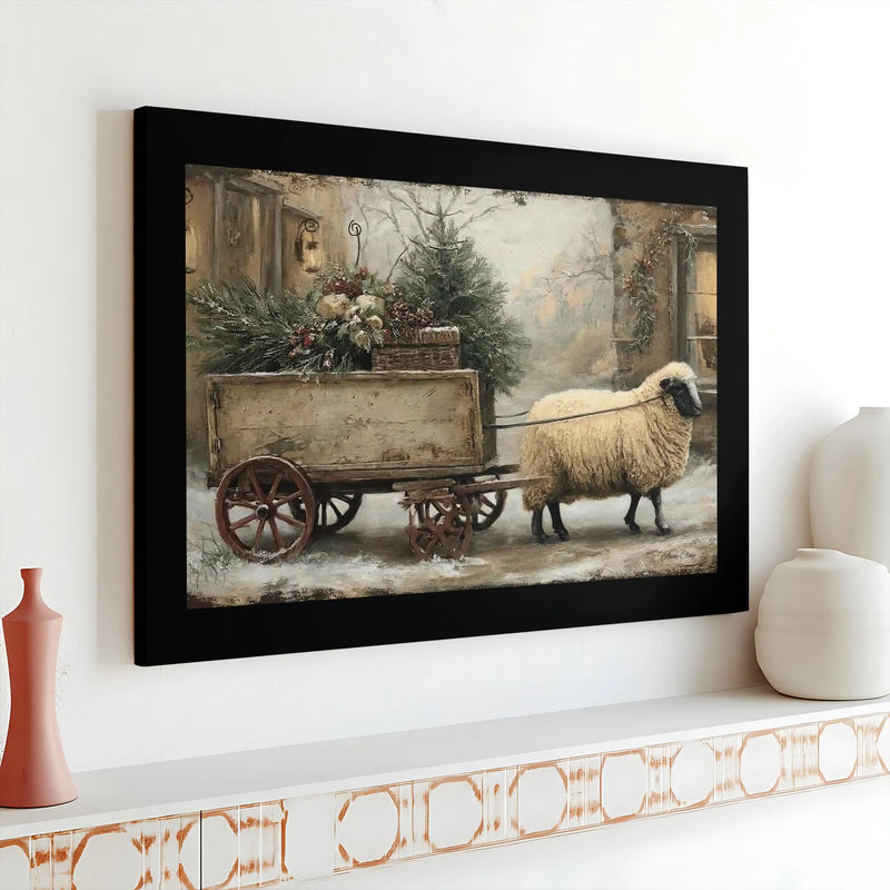 Rustic Farmhouse Christmas Canvas, Winter Sheep Canvas Wall Art, Holiday Sheep Canvas Print, Farm Animal Winter Scene Canvas Decor