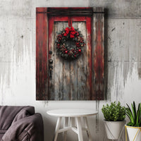 Red Barn Door Farmhouse Holiday Print, Rustic Christmas Wreath Canvas Wall Art, Winter Festive Decor, Digital Download Printable Poster
