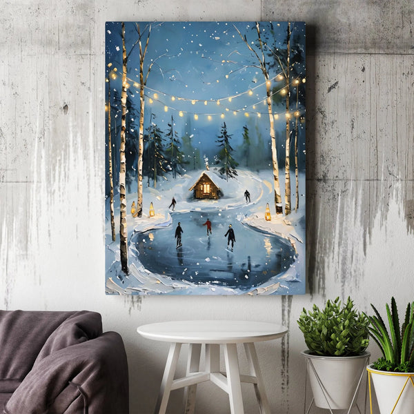 Snowy Forest Cabin Canvas Art, Winter Ice Skating Canvas, String Lights Cottage Canvas Print, Holiday Season Wall Decor, Comf