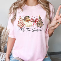Coquette Bow Holiday Graphic Tee, Retro Santa Leopard Print Christmas Tree T-Shirt, Trendy Western Xmas Shirt, Adorable Festive Present