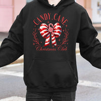 Festive Red Bow Christmas Hooded Sweatshirt, Candy Cane Christmas Club Hoodie, Comfy Holiday Graphic Sweater, Xmas Present for Her