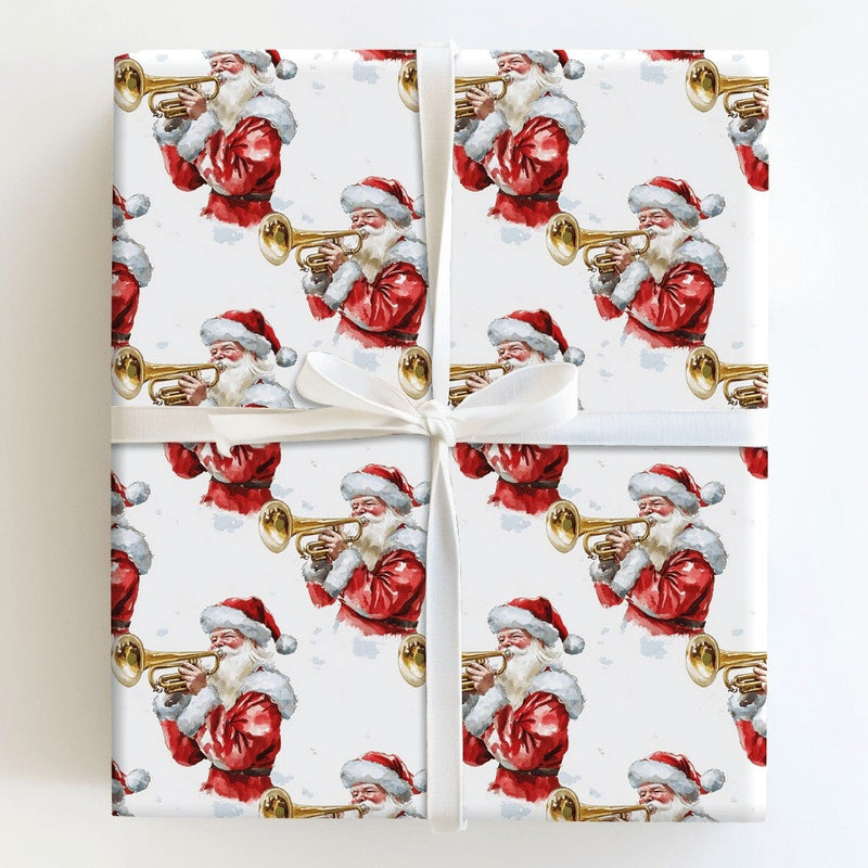 Christmas Musician Wrapping Paper Roll, Watercolor Santa Trumpet Wrapping Paper, Vintage Santa Gift Wrap, Holiday Music Wrapping Paper Roll