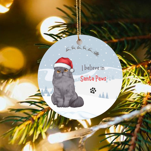 Adorable Grey Cat Christmas Ornament, I Believe in Santa Paws Ornament, Ceramic Kitten Tree Ornament, Holiday Keepsake Presen