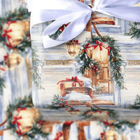 Winter Sled Holiday Gift Wrap, Snowy Front Porch Christmas Wrapping Paper, Rustic Cottage Porch Wrapping Paper, Festive Winter Gift Wrap