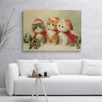 Vintage Cat Holiday Canvas Print, Three Kittens Christmas Canvas Wall Art, Adorable Kitten Wall Decor, Winter Festive Art, Cat Lover Xmas Present