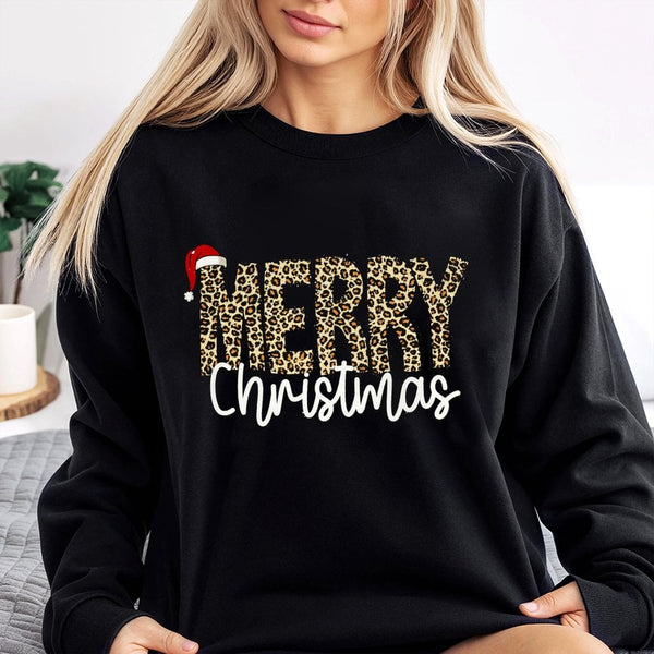 Leopard Print Holiday Crewneck, Merry Christmas Sweatshirt, Festive Graphic Sweater, Comfy Winter Xmas Pullover, Christmas Pr