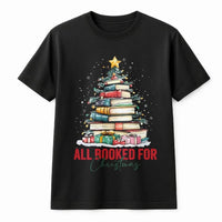 Book Stack Xmas Tree Shirt, All Booked for Christmas T-Shirt, Bookish Reader Librarian Graphic Tee, Adorable Holiday Teacher Cotton T-Shirt