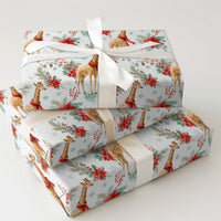 Watercolor Winter Animal Gift Wrap, Christmas Giraffe Wrapping Paper, Poinsettia Holiday Present Paper, Festive Xmas Wrap Roll