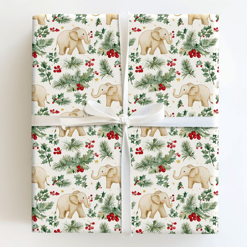 Watercolor Holly Elephant Gift Wrap, Baby Elephant Wrapping Paper, Adorable Christmas Elephant Wrapping Paper, Holiday Baby Shower Present Wrap