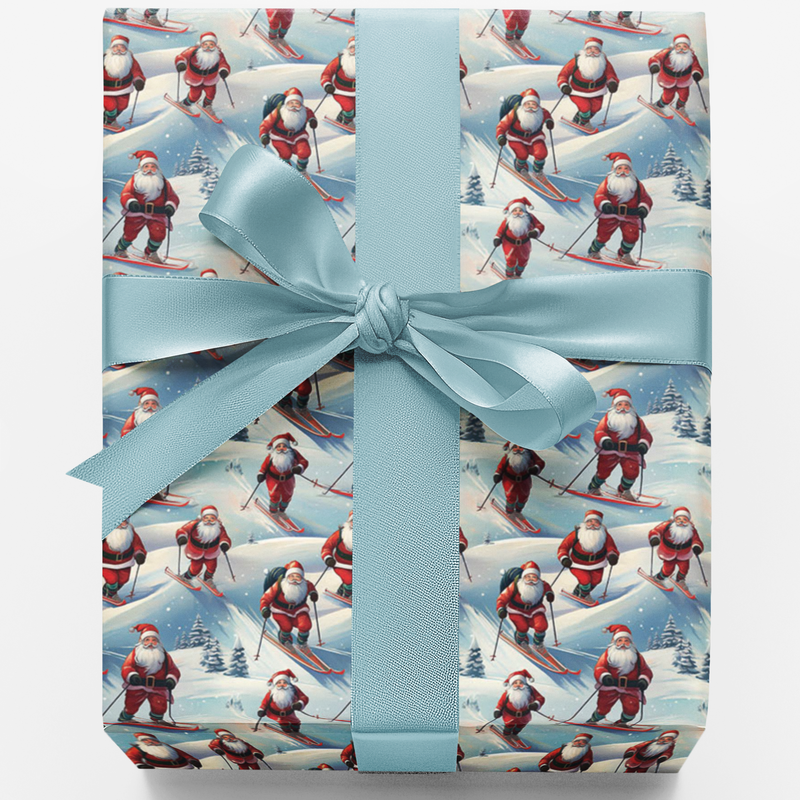 Snowy Mountain Holiday Wrapping Paper, Skiing Santa Christmas Wrapping Paper, Winter Sports Gift Wrap, Ski Lover Christmas Present Paper