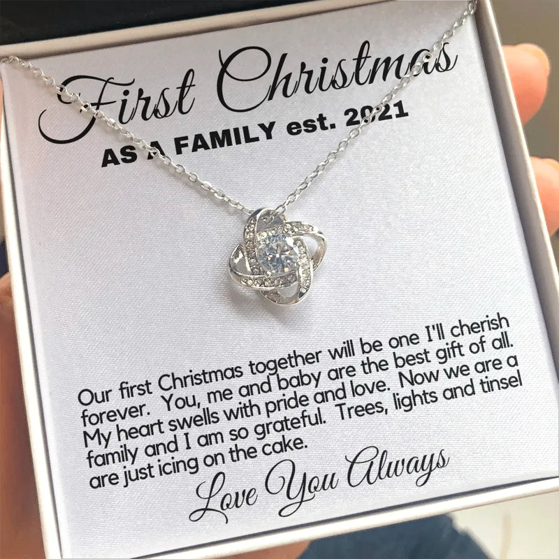 New Mom Christmas Love Knot Pendant, First Christmas Love Knot Necklace, 14k White Gold Holiday Love Knot Jewelry, Romantic Wife Xmas Present