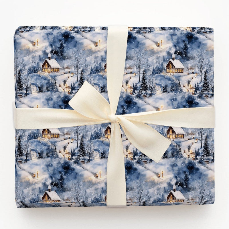 Watercolor Night Cabin Holiday Gift Wrap, Snowy Winter Village Wrapping Paper, Comfy Christmas Town Wrapping Paper, Festive Winter Gift Wrap
