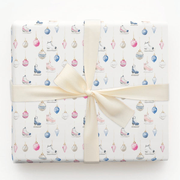 Christmas Ornaments Gift Wrap, Watercolor Ice Skates Wrapping Paper, Pastel Winter Holiday Wrapping Paper, Festive Seasonal G