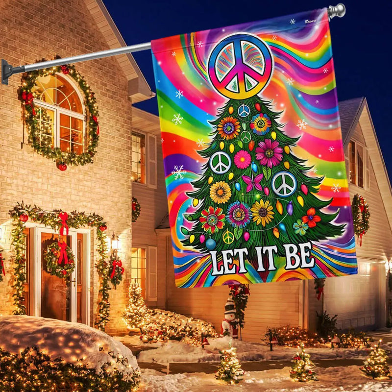 Rainbow Tie-Dye Xmas Tree Flag, Hippie Peace Sign Christmas Garden Flag, Boho Holiday Garden Flag, Double-Sided Yard Decor Present