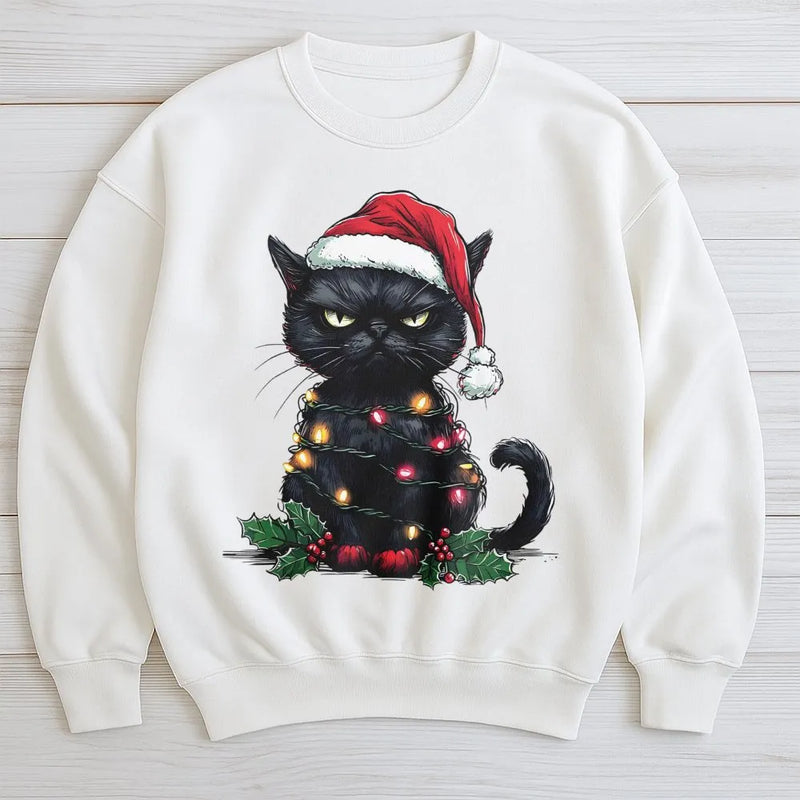 Tangled Lights Cat Sweater, Grumpy Black Cat Christmas Sweatshirt, Humorous Holiday Cat Crewneck, Spooky Adorable Xmas Sweatshirt, Cat Lover Present