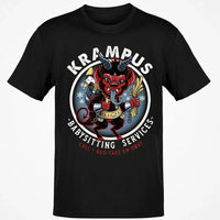 Humorous Christmas Horror Graphic Tee, Krampus Babysitting Service T-Shirt, Spooky Holiday Folklore Shirt, Alpine Demon Winter Top