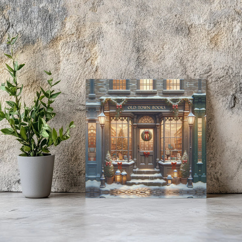Snowy Winter Village Bookshop Painting Print, Christmas Bookstore Square Canvas Art, Comfy Holiday Book Lover Canvas Wall Art, Xmas Decor