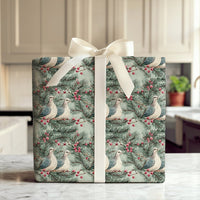 Pine Berry Watercolor Gift Wrap, Two Turtle Doves Christmas Wrapping Paper, Vintage Holiday Wrapping Paper, Elegant Winter Present Packaging