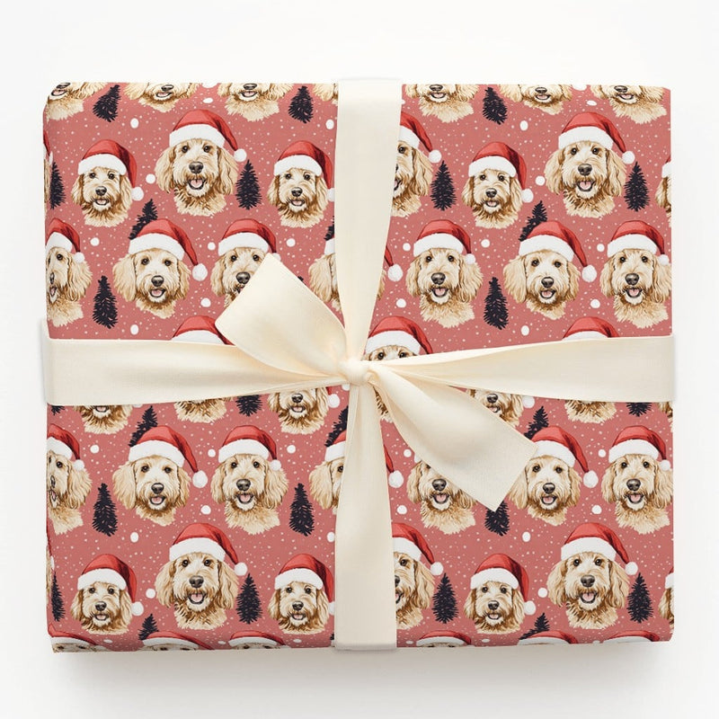 Dog Santa Hat Holiday Gift Wrap, Goldendoodle Christmas Wrapping Paper, Adorable Puppy Xmas Wrapping Paper, Dog Lover Winter Gift Wrap Roll