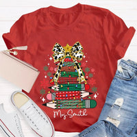 Bow and Colored Pencil Holiday Graphic Tee, Personalized Christmas Tree T-Shirt, Custom Teacher Christmas Shirt, Adorable School Holiday Tee