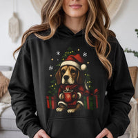 Adorable Santa Hat Puppy Holiday Hoodie, Beagle Christmas Hoodie, Dog Lover Xmas Graphic Pullover, Winter Animal Lover Hooded Sweatshirt