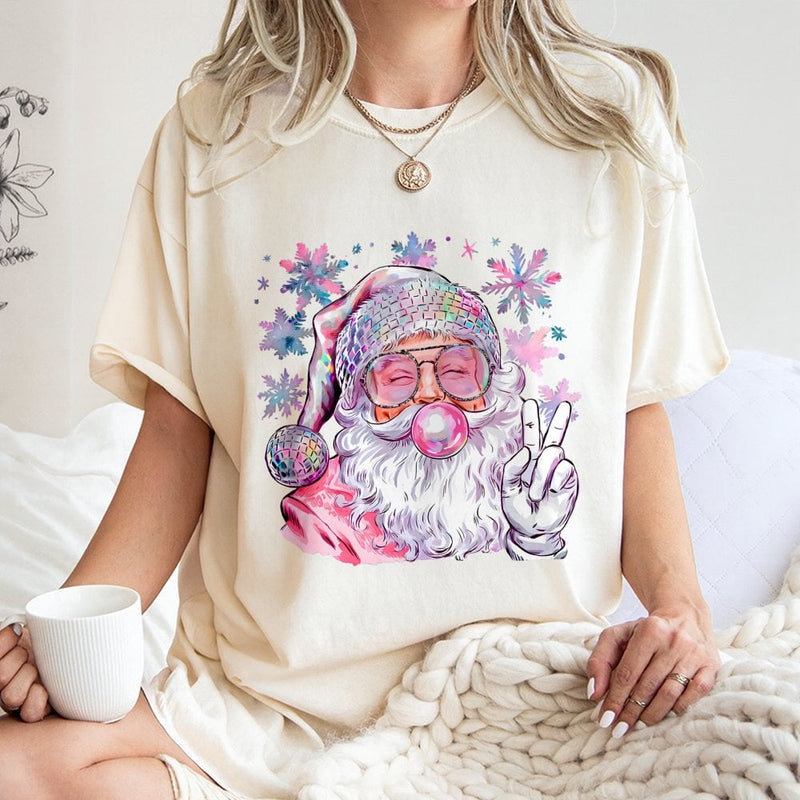 Retro Peace Sign Santa T-Shirt, Disco Santa Christmas Shirt, Bubble Gum Graphic Tee, Trendy Y2K Holiday Top, Xmas Present for Women and Teens