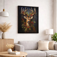 Festive Deer Holly Wreath Canvas Print, Christmas Stag Canvas Wall Art, Rustic Winter Animal Canvas Decor, Holiday Living Room Wall Art