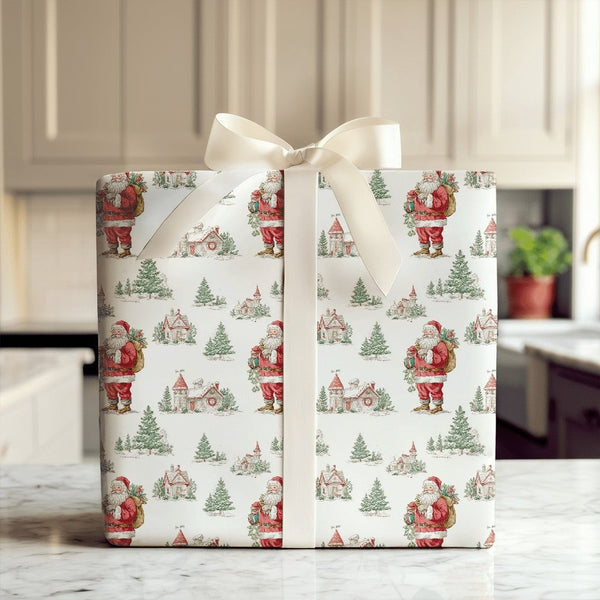Nostalgic Winter Village Gift Wrap, Vintage Santa Claus Christmas Wrapping Paper, Retro Christmas Town Wrapping Paper, Holida