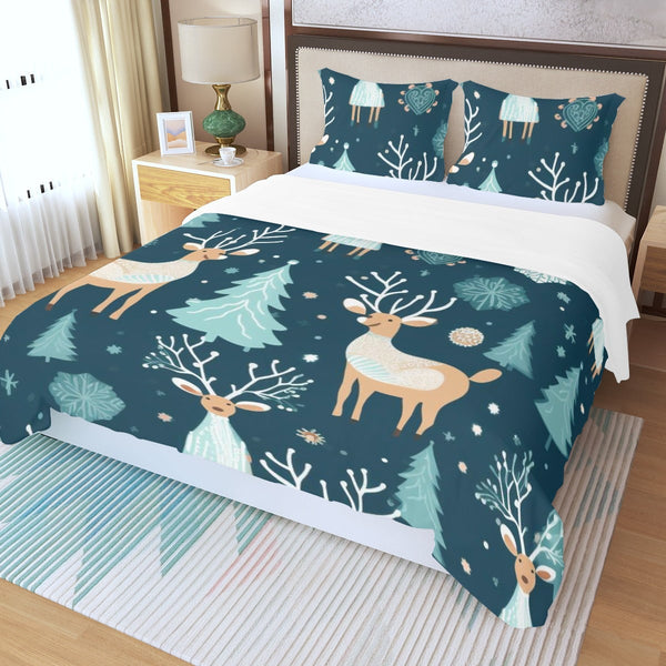 Winter Forest Bedding Set, Christmas Deer Duvet Cover Set, Holiday Animal Quilt Cover, Woodland Deer Bedding Set, Festive Bed