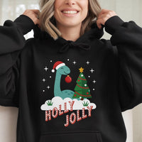 Adorable Dino Holiday Sweatshirt, Holly Jolly Dinosaur Christmas Hoodie, Festive Prehistoric Xmas Pullover, Winter Animal Hooded Sweater