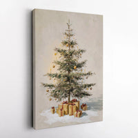 Gold Ornaments Holiday Wall Art, Vintage Christmas Tree Canvas, Classic Christmas Tree Print, Festive Winter Oil Painting Canvas