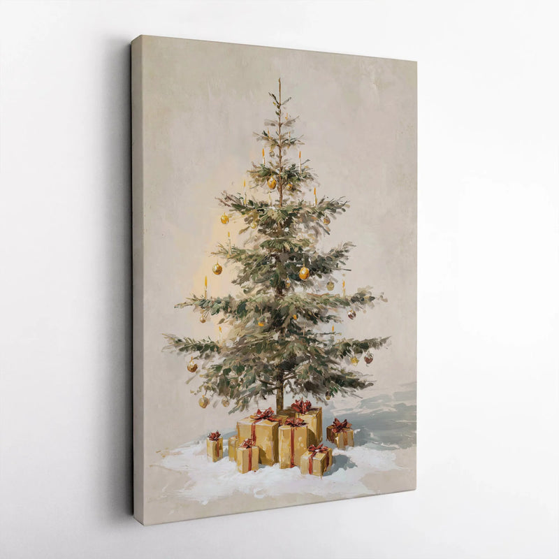 Gold Ornaments Holiday Wall Art, Vintage Christmas Tree Canvas, Classic Christmas Tree Print, Festive Winter Oil Painting Canvas