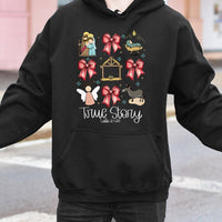 Nativity Scene Coquette Bow Sweatshirt, True Story Christmas Hoodie, Christian Religious Holiday Pullover, Faith Xmas Hoodie