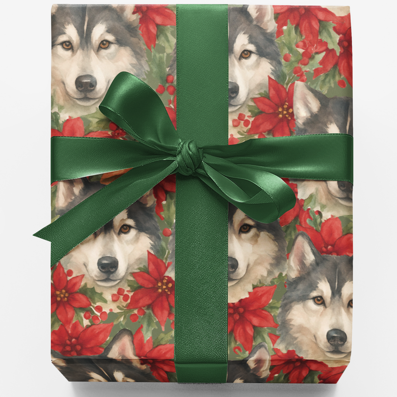Winter Floral Gift Wrap, Husky Dog Christmas Wrapping Paper, Poinsettia Wolf Holiday Wrapping Paper, Dog Lover Festive Gift Wrap Roll