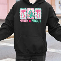 Wavy Tree and Bow Holiday Hoodie, Retro Merry and Bright Christmas Hoodie, Vintage Aesthetic Xmas Sweatshirt, Festive Winter Pullover