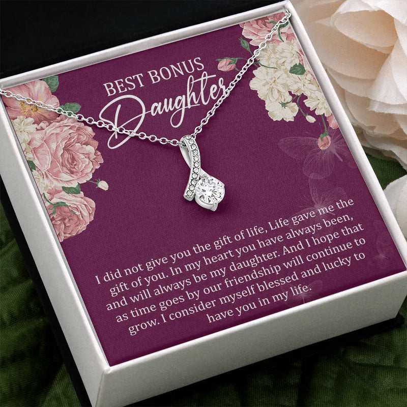 14k White Gold Over Stainless Steel Forever Love Pendant, Bonus Daughter Ribbon Necklace, Stepdaughter Birthday Christmas Jewelry Present