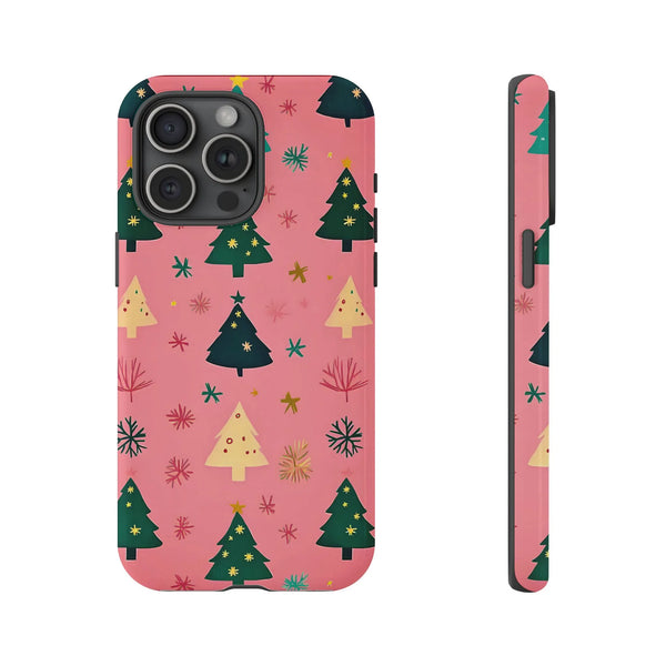 Whimsical Holiday Snowflake Pattern Case, Pink Christmas Tree Phone Case for iPhone, Girly Xmas Tough Phone Cover, Festive Pr
