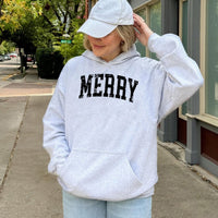 Distressed Varsity Holiday Hoodie, Merry Christmas Hoodie, Retro Collegiate Winter Sweatshirt, Vintage Xmas Hoodie, Festive Present for Her Him